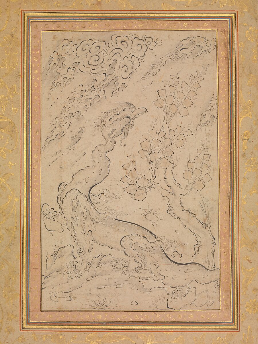 Dragon and Clouds, Attributed to Sadiqi Beg (Iranian, Tabriz 1533–1610 Isfahan), Ink and watercolor on paper