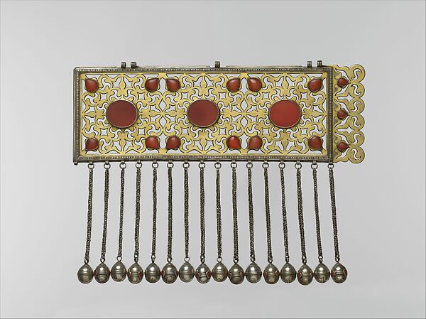 Door Surround, Silver, fire gilded with openwork, decorative wire, twisted wire chains, bells, and cabochon and table cut carnelians