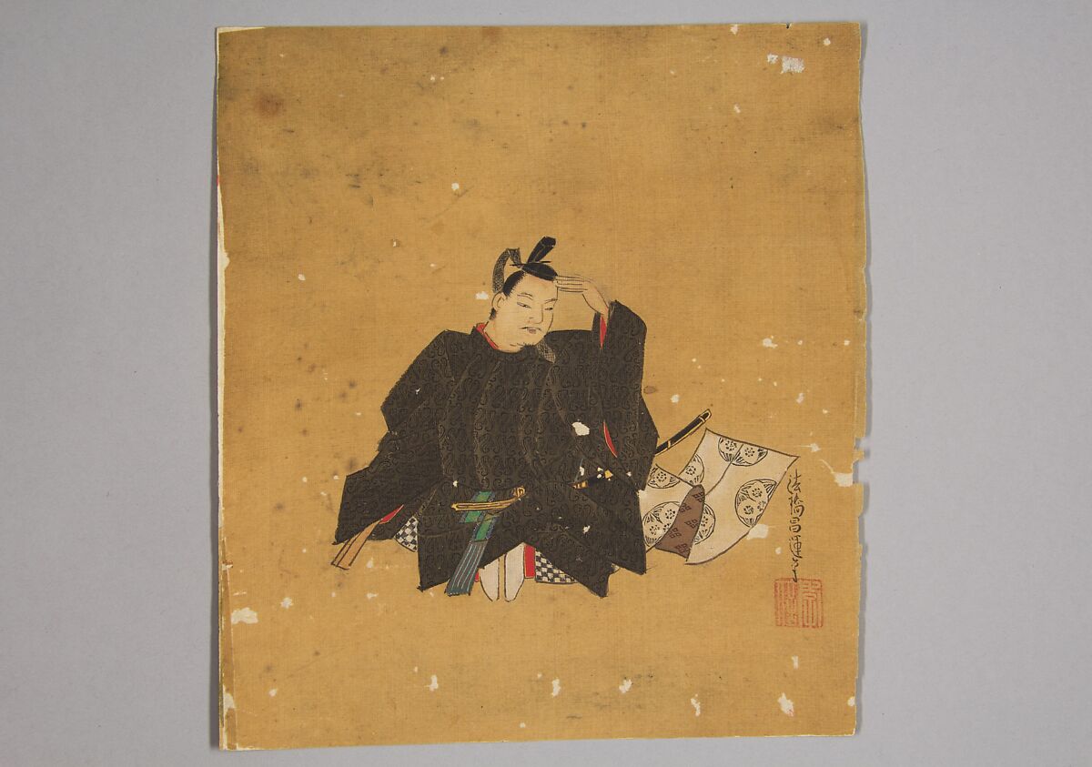 Immortal Poet, Kano Shōun (1637–1702), Unmounted shikisi leaf; ink and color on silk, Japan 