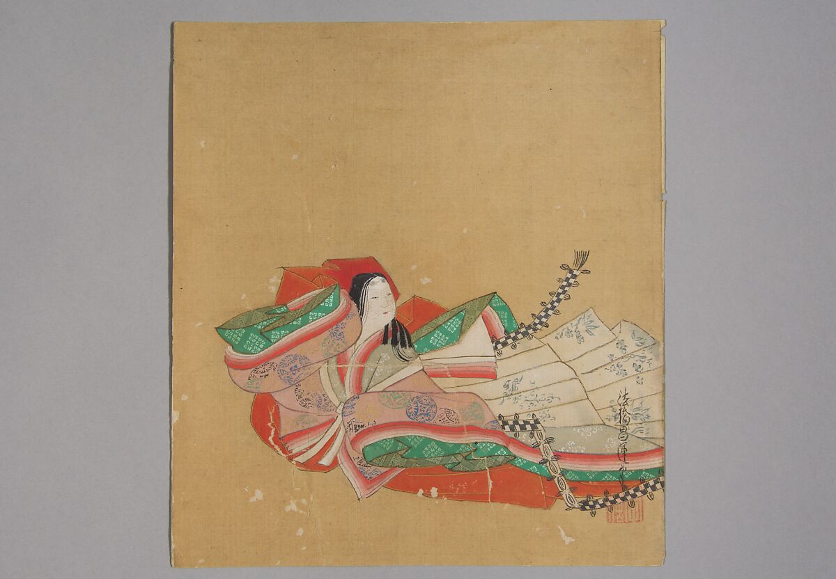 Immortal Poet, Kano Shōun (1637–1702), Unmounted shikisi leaf; ink and color on silk, Japan 