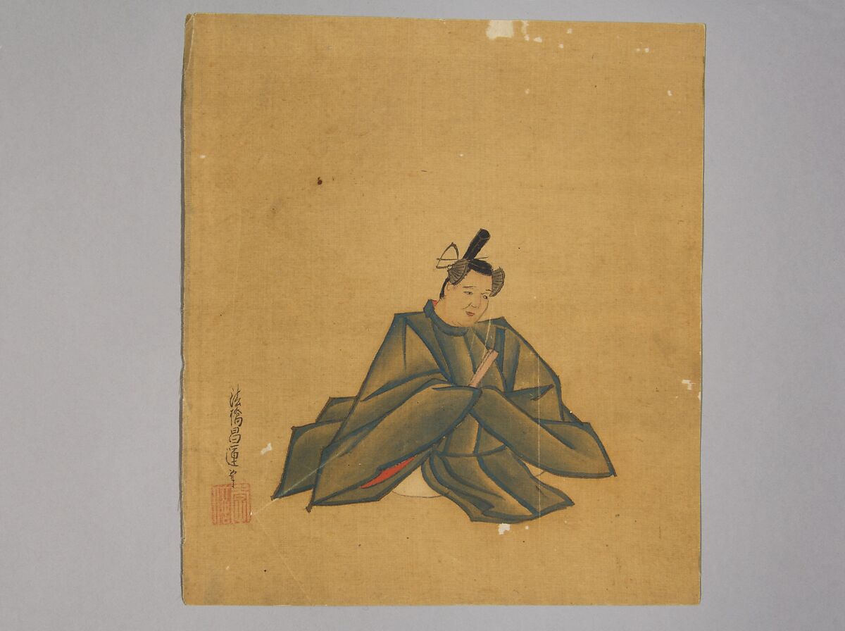 Immortal Poet, Kano Shōun (1637–1702), Unmounted shikisi leaf; ink and color on silk, Japan 