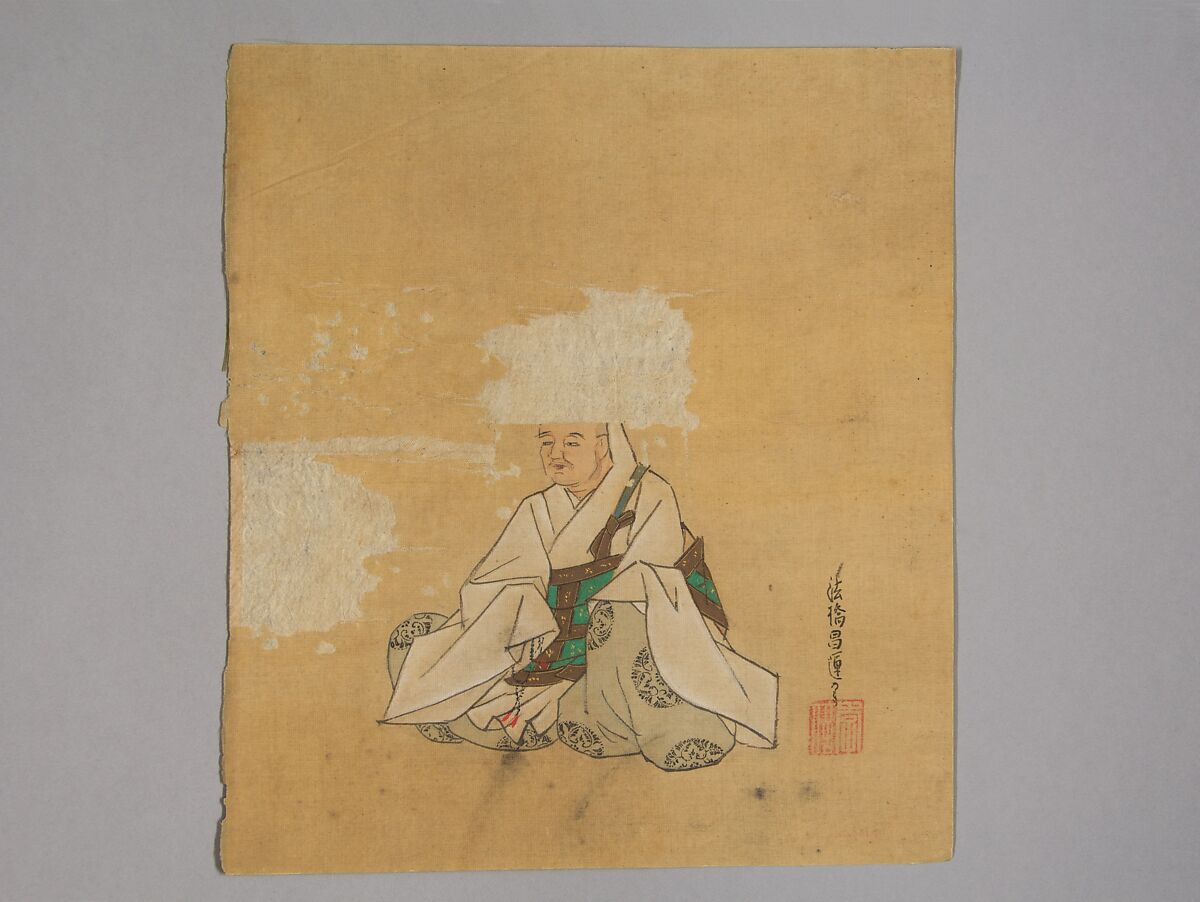 Immortal Poet, Kano Shōun (1637–1702), Unmounted shikisi leaf; ink and color on silk, Japan 