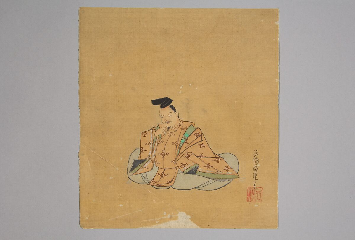 Immortal Poet, Kano Shōun (1637–1702), Unmounted shikisi leaf; ink and color on silk, Japan 