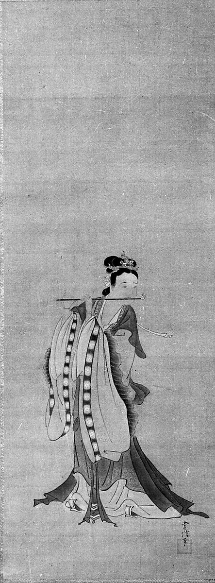 Yang Guifei Playing a Flute, Kano Tsunenobu (Japanese, 1636–1713), Hanging scroll; ink and color on silk, Japan 
