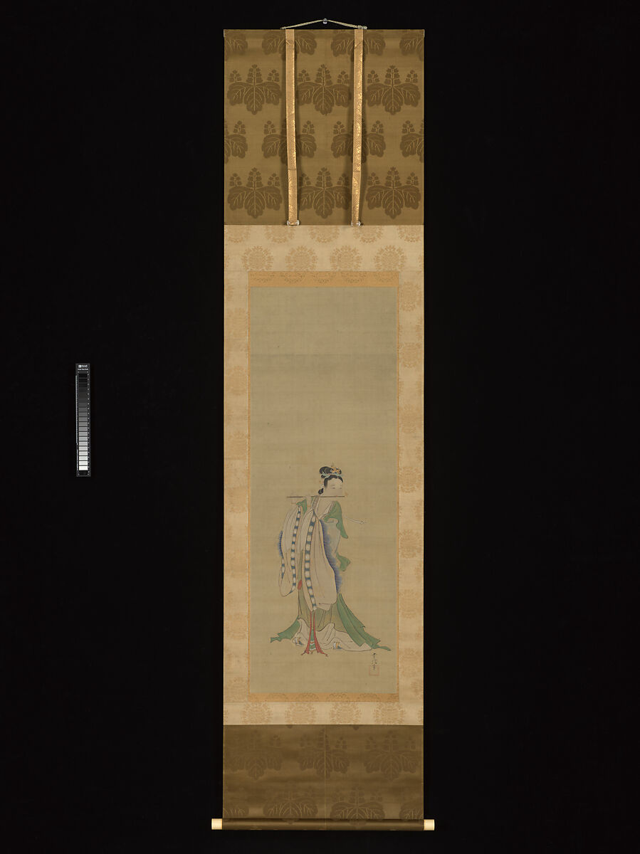 Yang Guifei Playing a Flute, Kano Tsunenobu (Japanese, 1636–1713), Hanging scroll; ink and color on silk, Japan