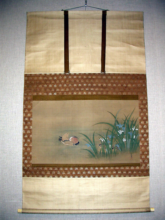 Mandarin Ducks and Iris, Kano Tsunenobu (Japanese, 1636–1713), Hanging scroll; ink and color on silk, Japan