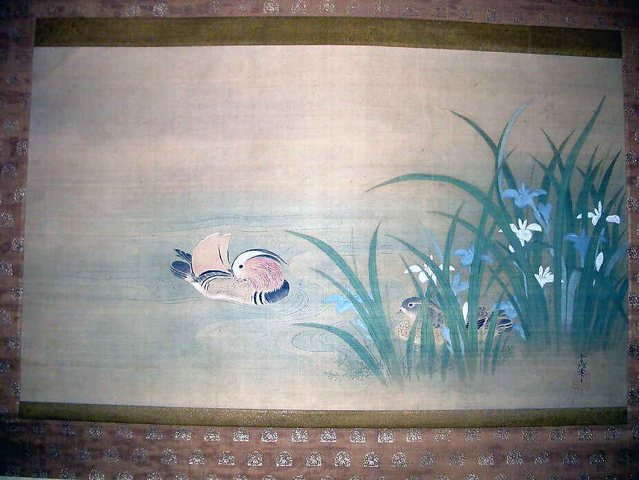 Mandarin Ducks and Iris, Kano Tsunenobu (Japanese, 1636–1713), Hanging scroll; ink and color on silk, Japan 