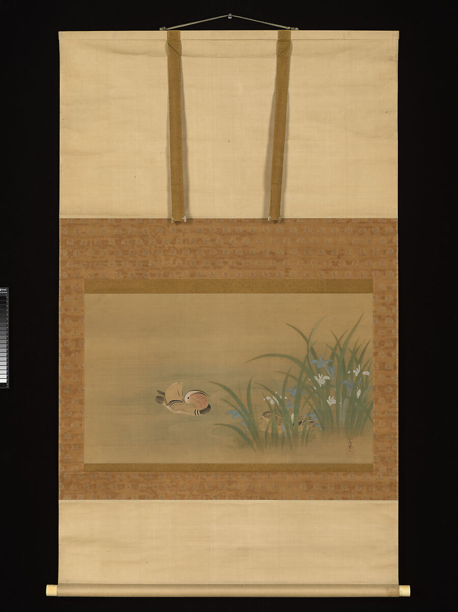 Mandarin Ducks and Iris, Kano Tsunenobu (Japanese, 1636–1713), Hanging scroll; ink and color on silk, Japan