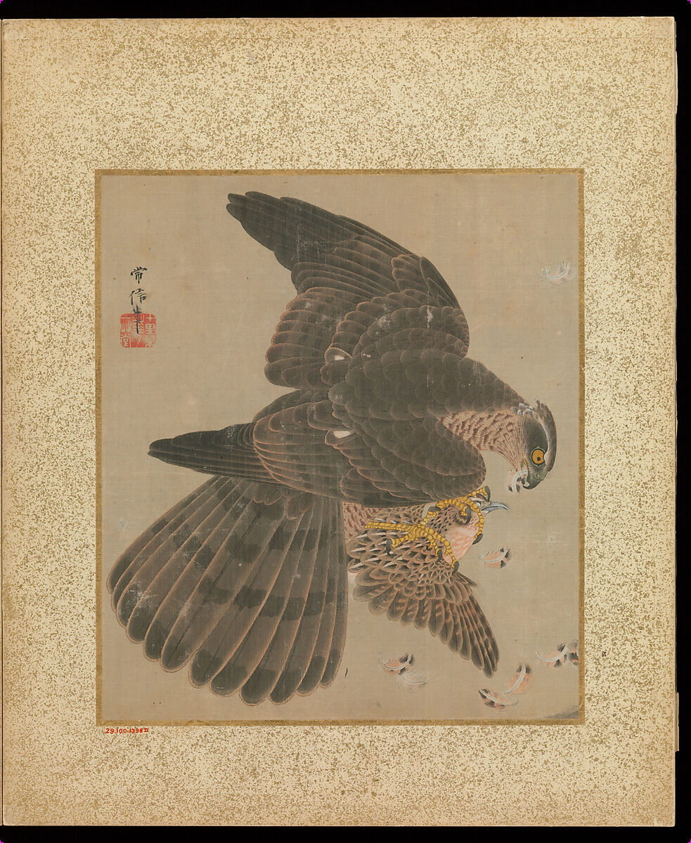 Album of Hawks and Calligraphy, Kano Tsunenobu (Japanese, 1636–1713), Album of ten paintings; ink and color on silk, Japan 