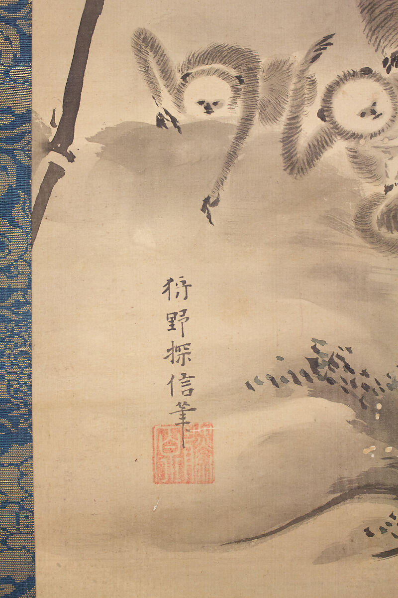 Eight Daoist Immortals, Cranes, and Gibbons, Kano Tanshin (Morimasa) (Japanese, 1653–1718), Triptych of hanging scrolls; ink and color on silk, Japan