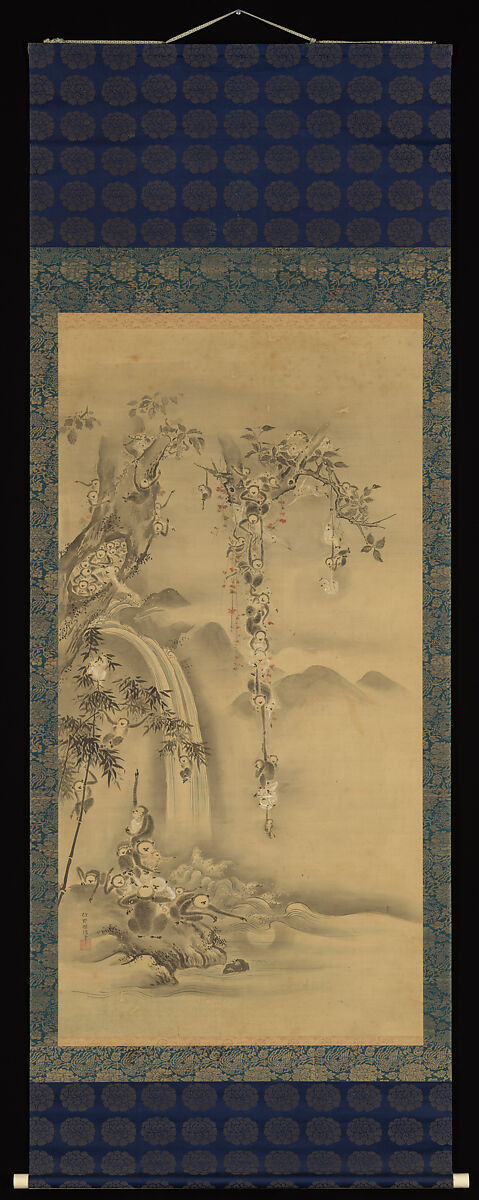 Eight Daoist Immortals, Cranes, and Gibbons, Kano Tanshin (Morimasa) (Japanese, 1653–1718), Triptych of hanging scrolls; ink and color on silk, Japan