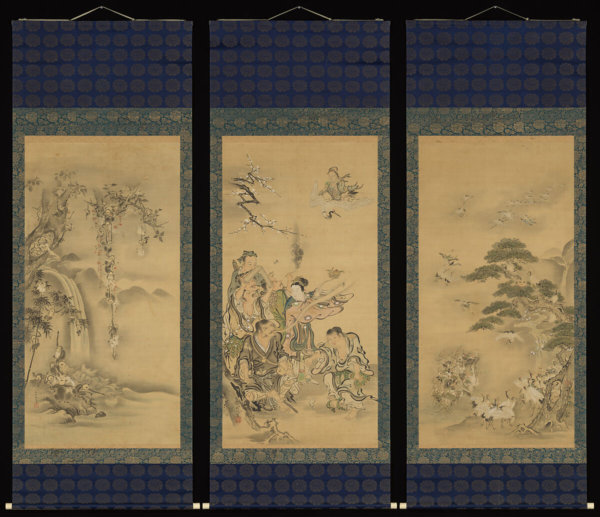 Eight Daoist Immortals, Cranes, and Gibbons, Kano Tanshin (Morimasa)  Japanese, Triptych of hanging scrolls; ink and color on silk, Japan