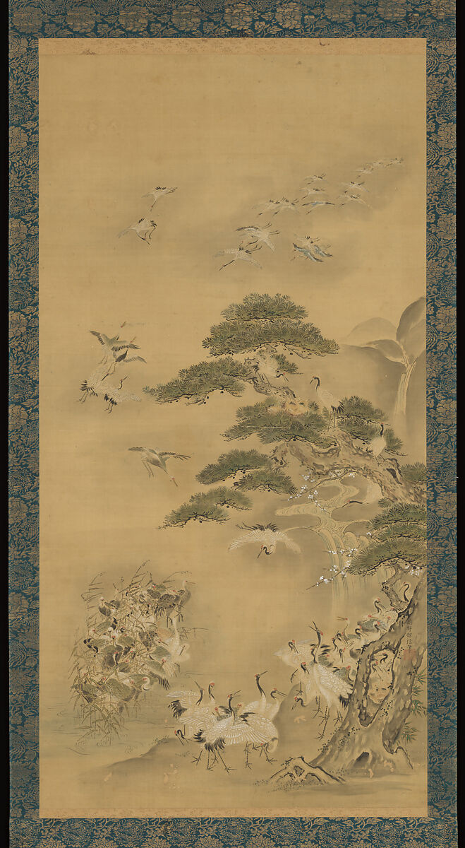 Eight Daoist Immortals, Cranes, and Gibbons, Kano Tanshin (Morimasa) (Japanese, 1653–1718), Triptych of hanging scrolls; ink and color on silk, Japan