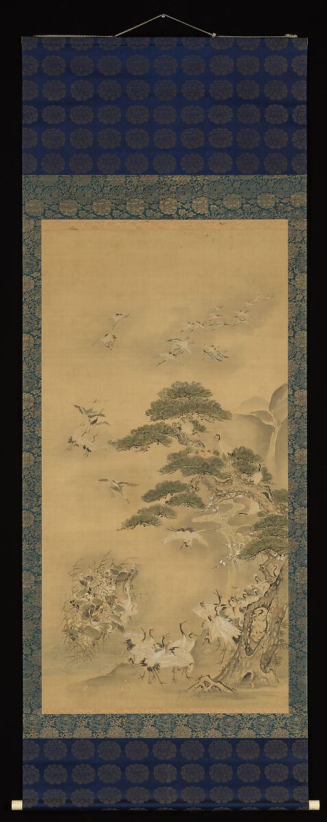 Eight Daoist Immortals, Cranes, and Gibbons, Kano Tanshin (Morimasa) (Japanese, 1653–1718), Triptych of hanging scrolls; ink and color on silk, Japan