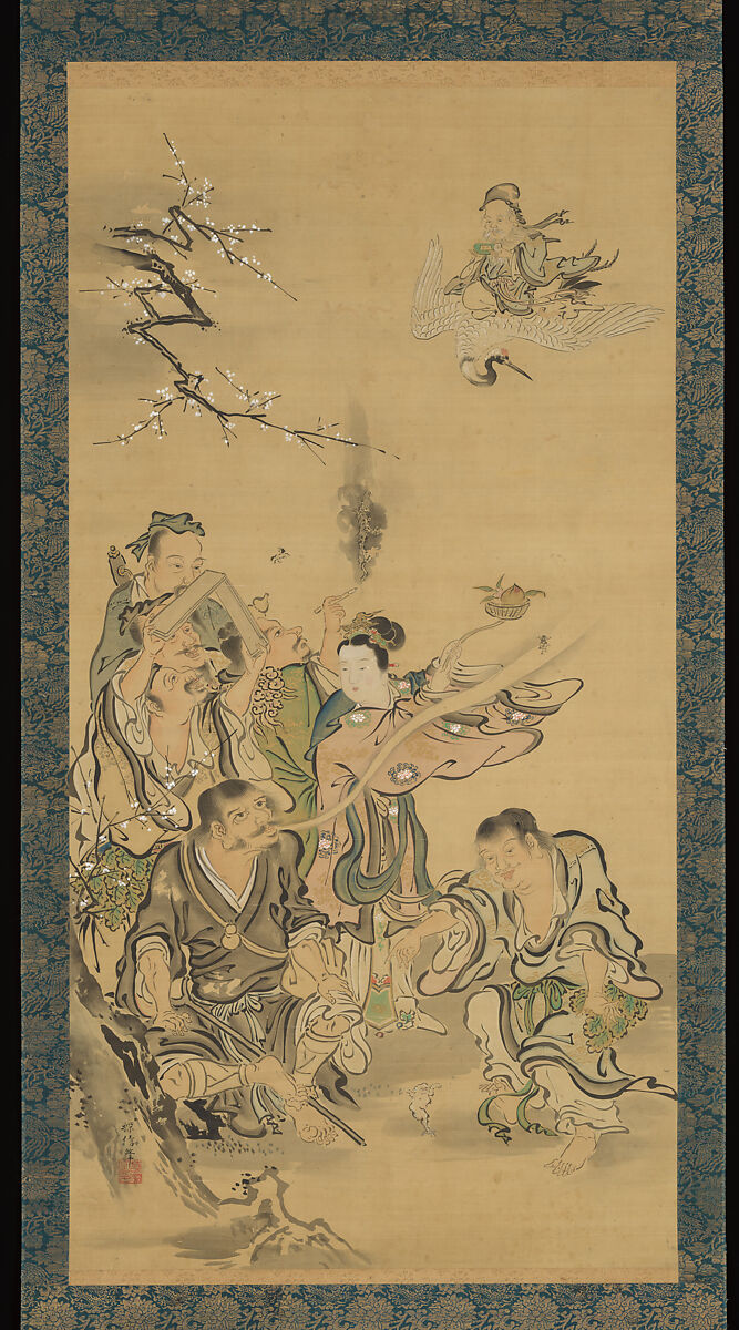 Eight Daoist Immortals, Cranes, and Gibbons, Kano Tanshin (Morimasa) (Japanese, 1653–1718), Triptych of hanging scrolls; ink and color on silk, Japan