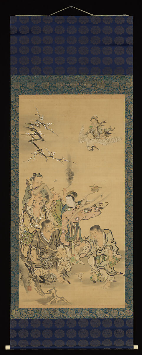 Eight Daoist Immortals, Cranes, and Gibbons, Kano Tanshin (Morimasa) (Japanese, 1653–1718), Triptych of hanging scrolls; ink and color on silk, Japan