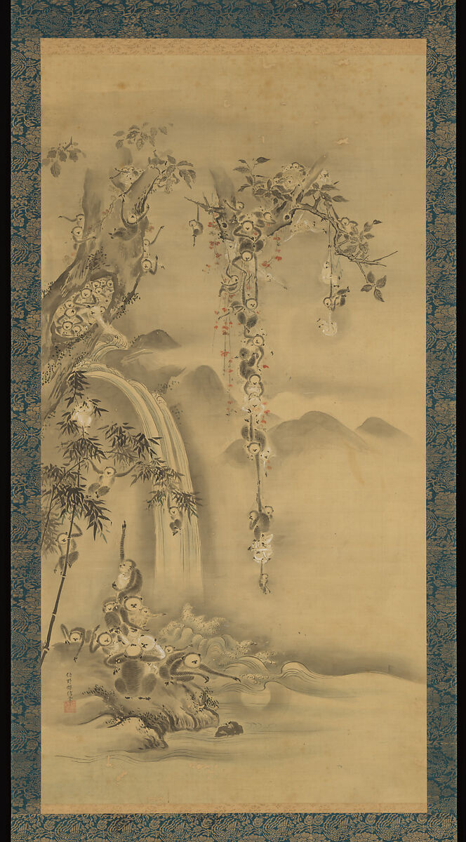 Eight Daoist Immortals, Cranes, and Gibbons, Kano Tanshin (Morimasa) (Japanese, 1653–1718), Triptych of hanging scrolls; ink and color on silk, Japan