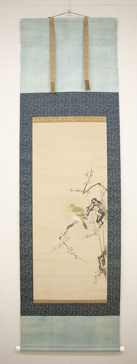 Dove on Plum Tree, Attributed to Kano Tanshin (Morimasa) (Japanese, 1653–1718), Hanging scroll; ink and color on silk, Japan