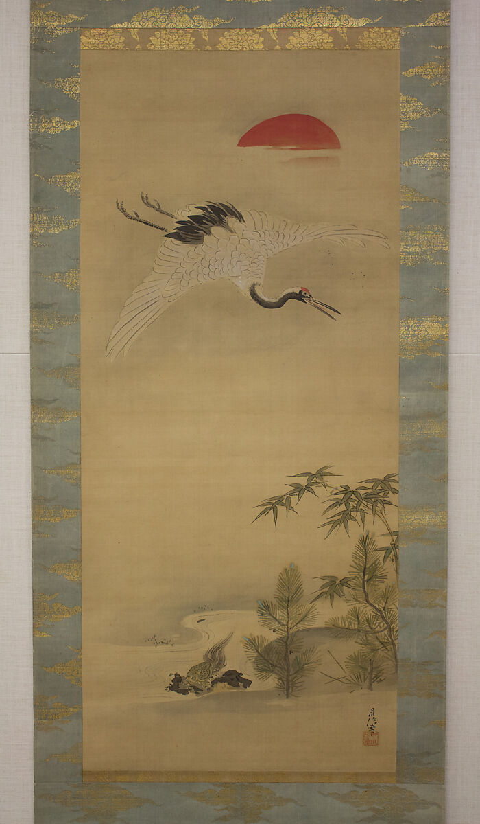 Crane, Tortoise, Pine, and Bamboo under a Rising Sun, Kano Chikanobu (Japanese, 1660–1728), Hanging scroll; ink and color on silk, Japan 