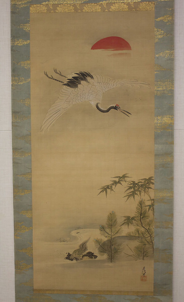 Crane, Tortoise, Pine, and Bamboo under a Rising Sun, Kano Chikanobu (Japanese, 1660–1728), Hanging scroll; ink and color on silk, Japan