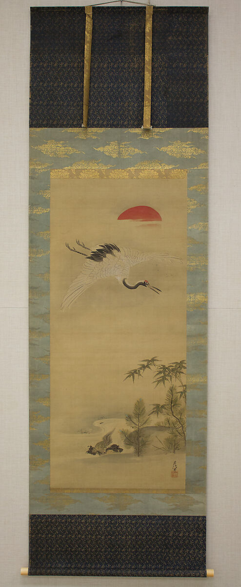 Crane, Tortoise, Pine, and Bamboo under a Rising Sun, Kano Chikanobu (Japanese, 1660–1728), Hanging scroll; ink and color on silk, Japan