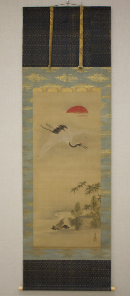 Crane, Tortoise, Pine, and Bamboo under a Rising Sun, Kano Chikanobu (Japanese, 1660–1728), Hanging scroll; ink and color on silk, Japan