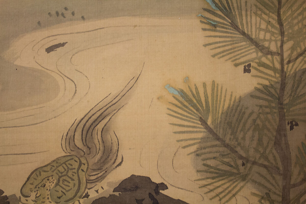 Crane, Tortoise, Pine, and Bamboo under a Rising Sun, Kano Chikanobu (Japanese, 1660–1728), Hanging scroll; ink and color on silk, Japan