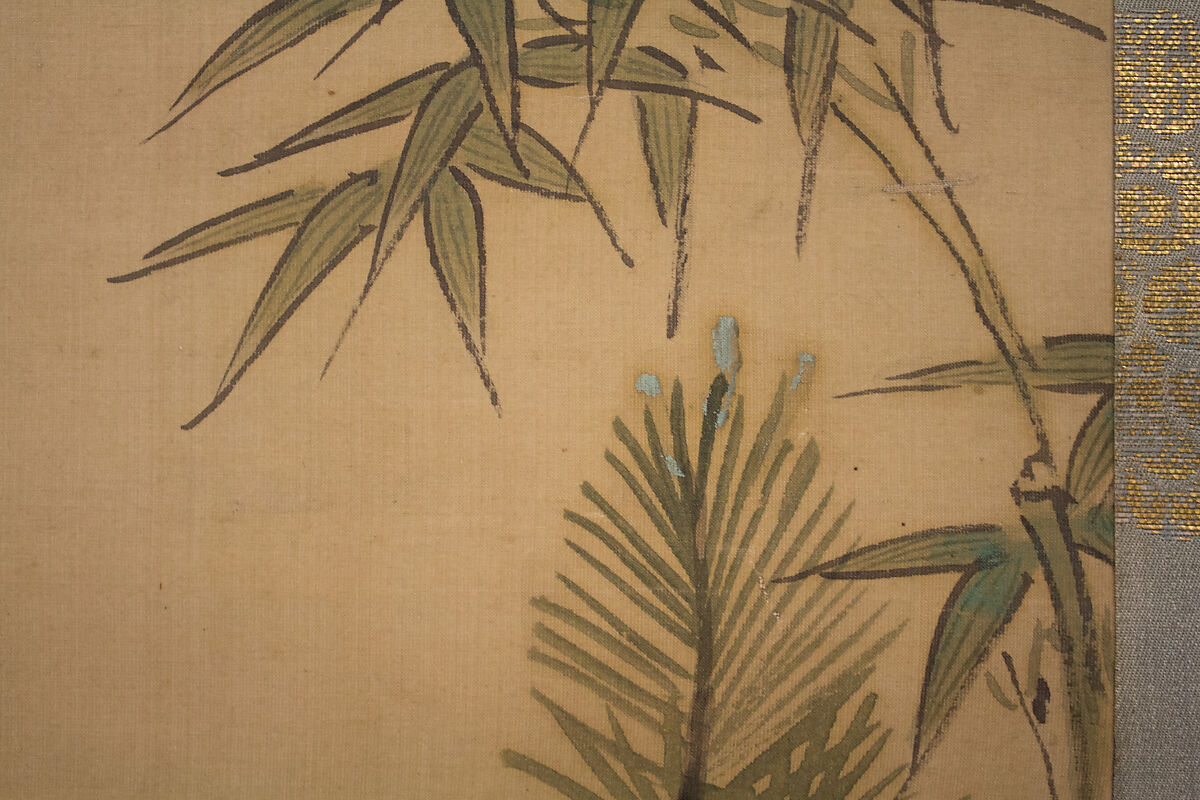 Crane, Tortoise, Pine, and Bamboo under a Rising Sun, Kano Chikanobu (Japanese, 1660–1728), Hanging scroll; ink and color on silk, Japan