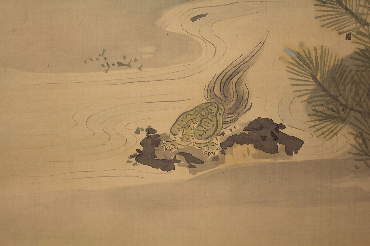 Crane, Tortoise, Pine, and Bamboo under a Rising Sun, Kano Chikanobu (Japanese, 1660–1728), Hanging scroll; ink and color on silk, Japan