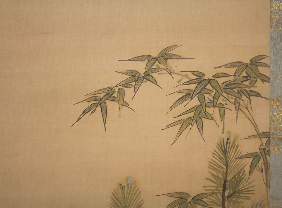 Crane, Tortoise, Pine, and Bamboo under a Rising Sun, Kano Chikanobu (Japanese, 1660–1728), Hanging scroll; ink and color on silk, Japan