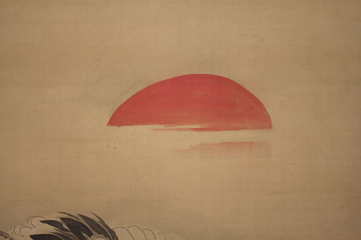 Crane, Tortoise, Pine, and Bamboo under a Rising Sun, Kano Chikanobu (Japanese, 1660–1728), Hanging scroll; ink and color on silk, Japan