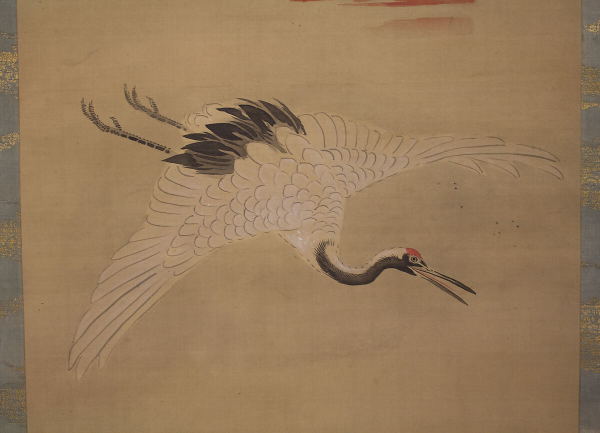Crane, Tortoise, Pine, and Bamboo under a Rising Sun, Kano Chikanobu (Japanese, 1660–1728), Hanging scroll; ink and color on silk, Japan