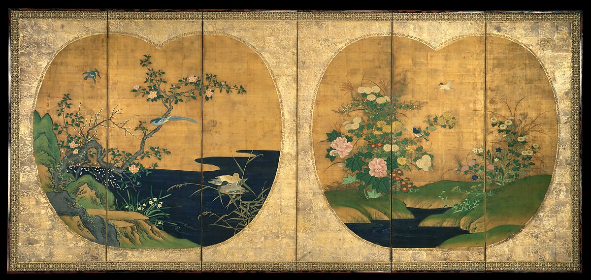 Birds and Flowers of Autumn and Winter, Kano Chikanobu (Japanese, 1660–1728), Six-panel folding screen; ink and color on silk, Japan 