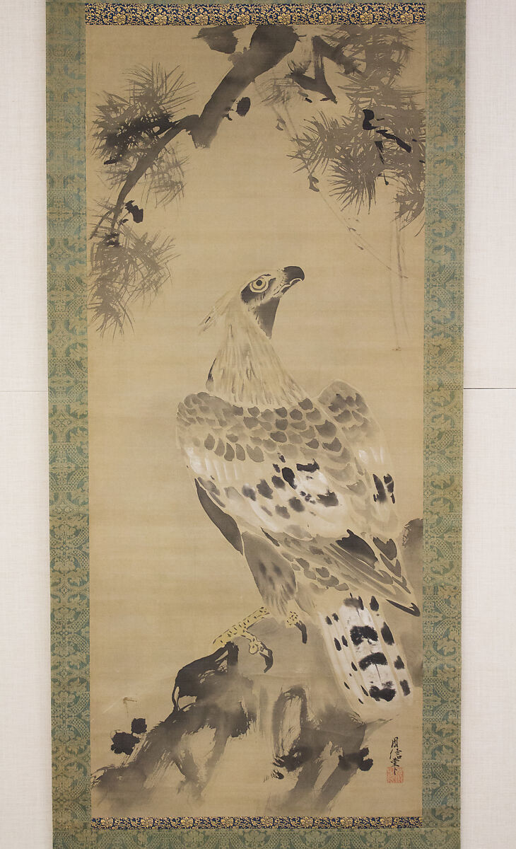 Eagle, Kano Chikanobu (Japanese, 1660–1728), Hanging scroll; ink and color on silk, Japan 