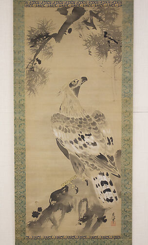 19th Century Japanese Silk Painting by Kano Chikanobu. Cranes, Pine &  Camelia.