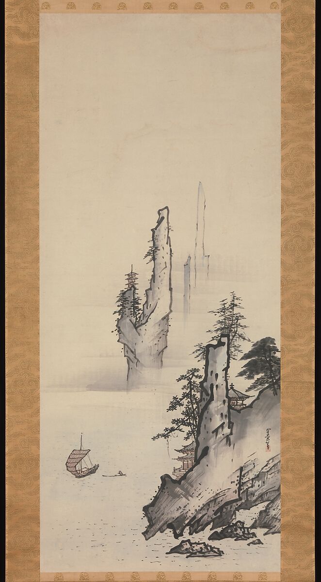 Landscape, Kusumi Morikage (ca. 1620–1690), Hanging scroll; ink on paper, Japan 