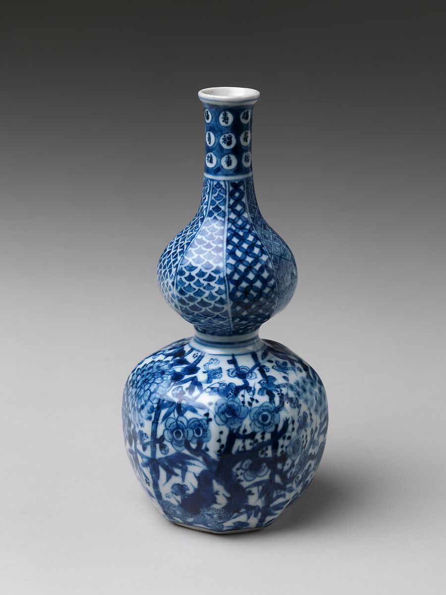 Wine Bottle with Three Friends of Winter, Porcelain painted with cobalt blue under transparent glaze , Japan