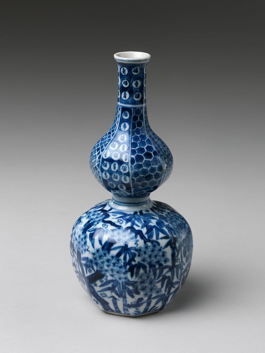 Wine Bottle with Three Friends of Winter, Porcelain painted with cobalt blue under transparent glaze , Japan
