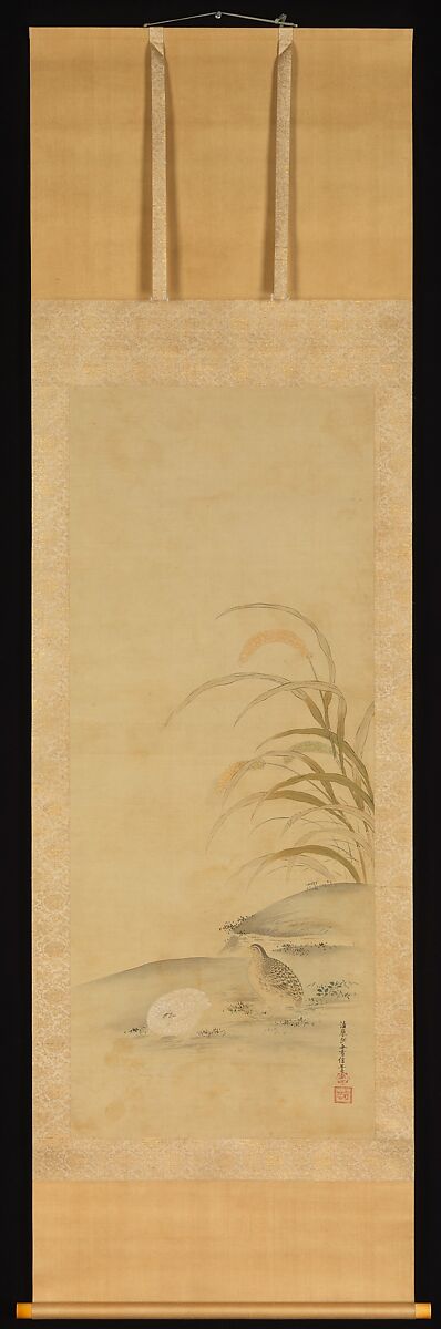 Quail and Millet, Kiyohara Yukinobu (Japanese, 1643–1682), Hanging scroll; ink and color on silk, Japan