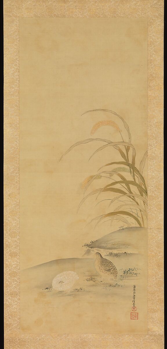 Quail and Millet, Kiyohara Yukinobu (Japanese, 1643–1682), Hanging scroll; ink and color on silk, Japan 