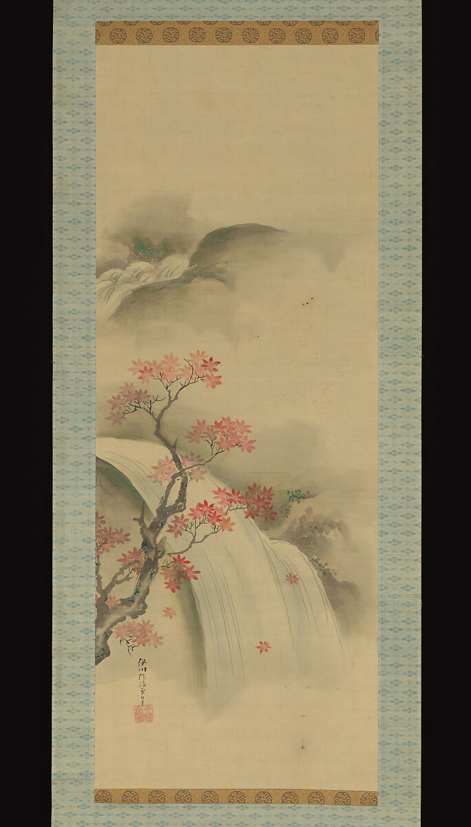 Waterfall and Maple Tree, Attributed to Kano Seisen’in (1775–1828), Hanging scroll; ink and color on silk, Japan 