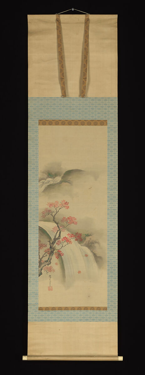 Waterfall and Maple Tree, Attributed to Kano Seisen’in (1775–1828), Hanging scroll; ink and color on silk, Japan