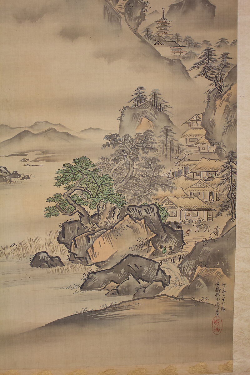 Mount Penglai with Eight Views of Xiao and Xiang, Kano Tansui Moritsune (active 19th century), One from a triptych of hanging scrolls; ink and color on silk, Japan