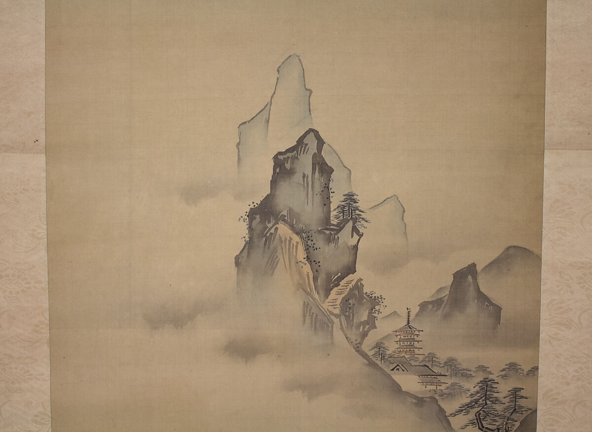 Mount Penglai with Eight Views of Xiao and Xiang, Kano Tansui Moritsune (active 19th century), One from a triptych of hanging scrolls; ink and color on silk, Japan