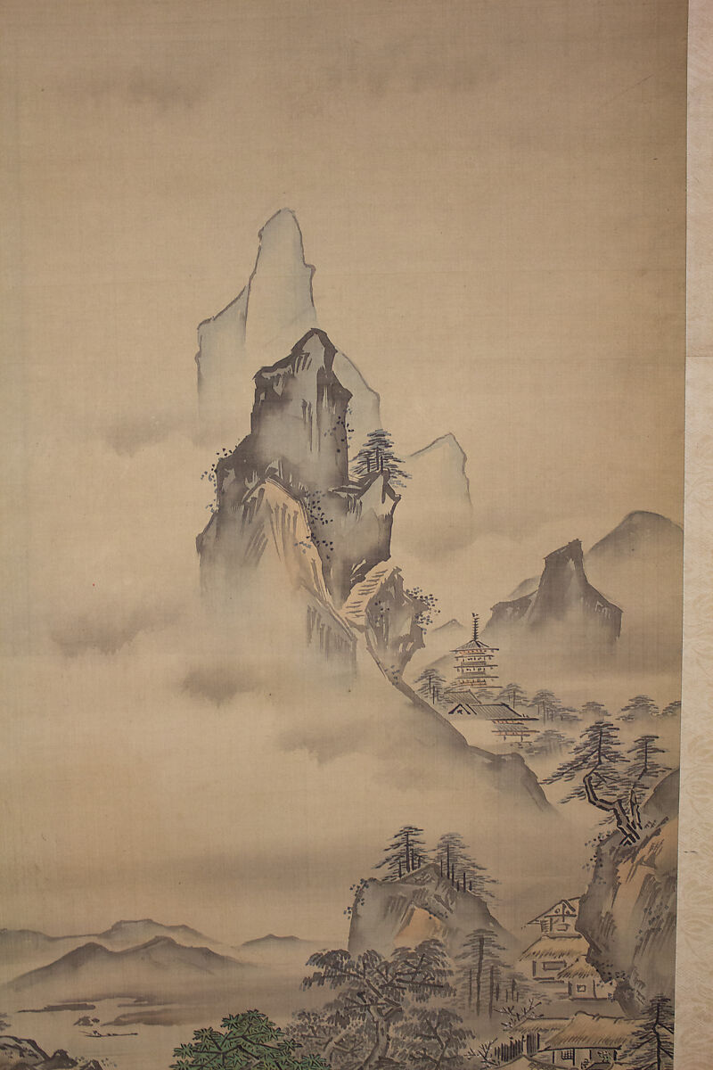 Mount Penglai with Eight Views of Xiao and Xiang, Kano Tansui Moritsune (active 19th century), One from a triptych of hanging scrolls; ink and color on silk, Japan