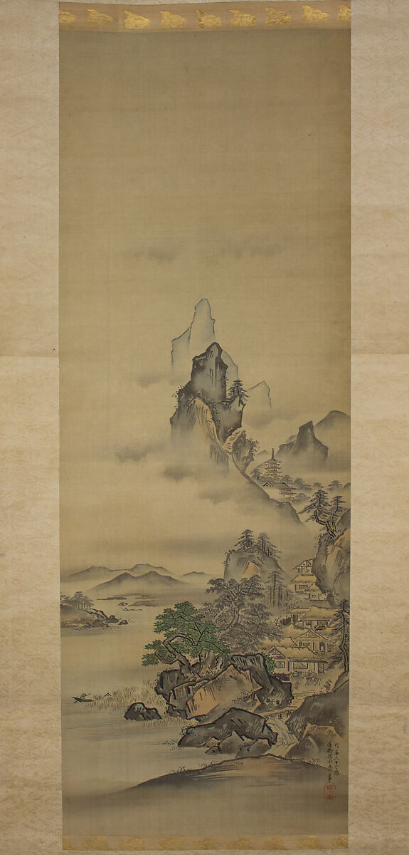 Mount Penglai with Eight Views of Xiao and Xiang, Kano Tansui Moritsune (active 19th century), One from a triptych of hanging scrolls; ink and color on silk, Japan