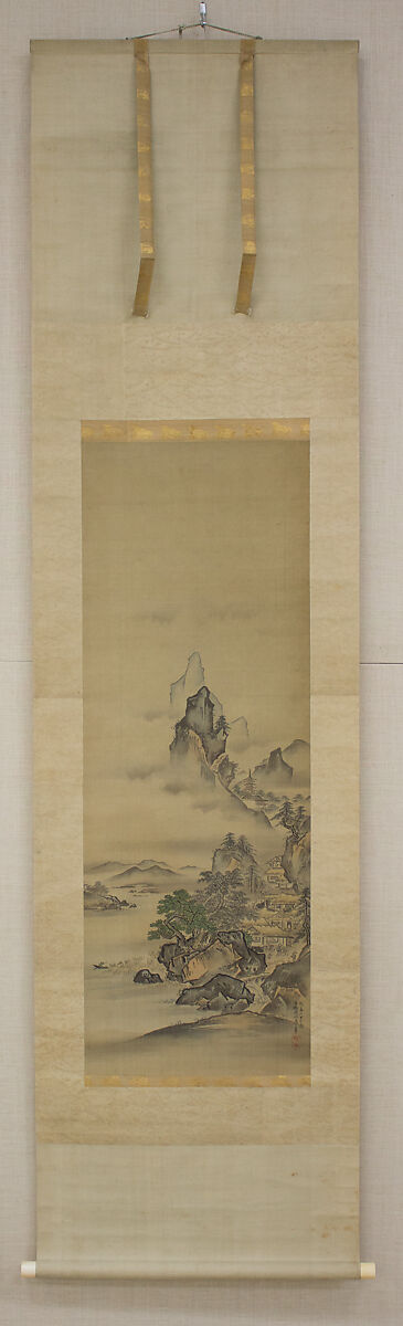 Mount Penglai with Eight Views of Xiao and Xiang, Kano Tansui Moritsune (active 19th century), One from a triptych of hanging scrolls; ink and color on silk, Japan