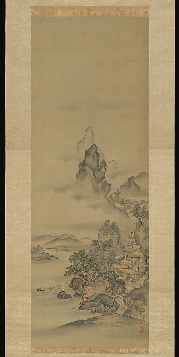 Mount Penglai with Eight Views of Xiao and Xiang, Kano Tansui Moritsune (active 19th century), One from a triptych of hanging scrolls; ink and color on silk, Japan 