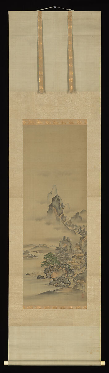 Mount Penglai with Eight Views of Xiao and Xiang, Kano Tansui Moritsune (active 19th century), One from a triptych of hanging scrolls; ink and color on silk, Japan