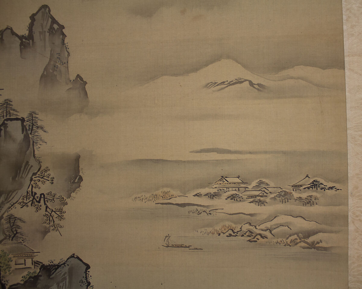 Mount Penglai with Eight Views of Xiao and Xiang, Kano Tansui Moritsune (active 19th century), One from a triptych of hanging scrolls; ink and color on silk, Japan